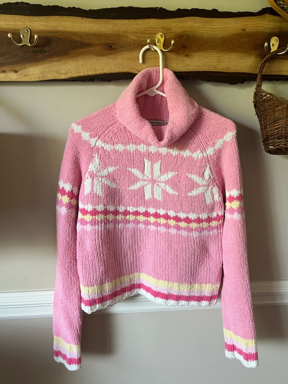 Vintage Energie y2k 90s Snowflake Fair Isle Turtleneck Chenille Sweater L